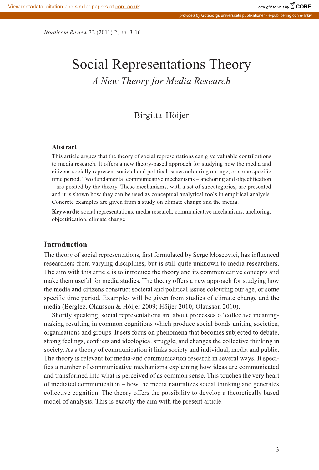 Social Representations Theory a New Theory for Media Research