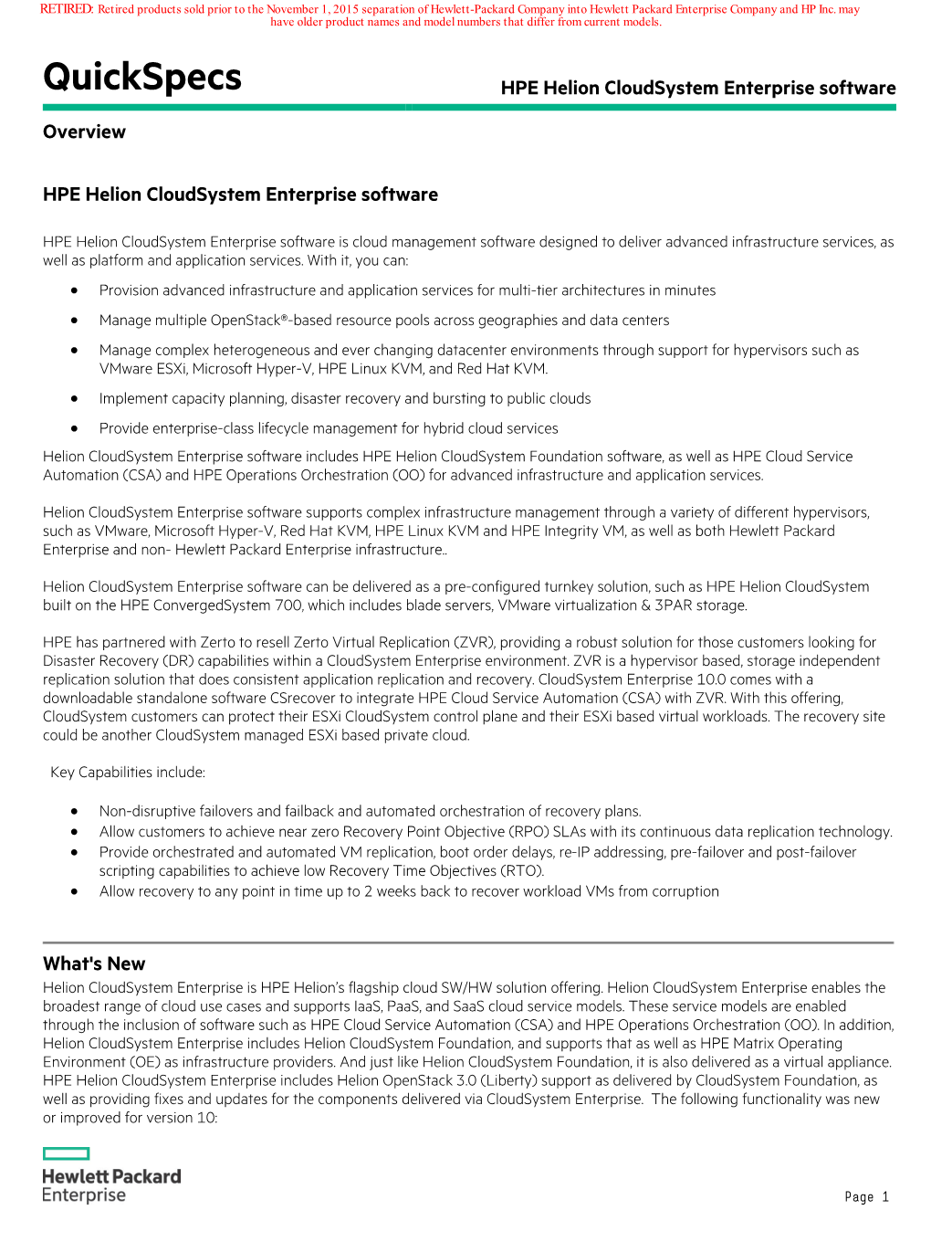 Quickspecs HPE Helion Cloudsystem Enterprise Software Overview