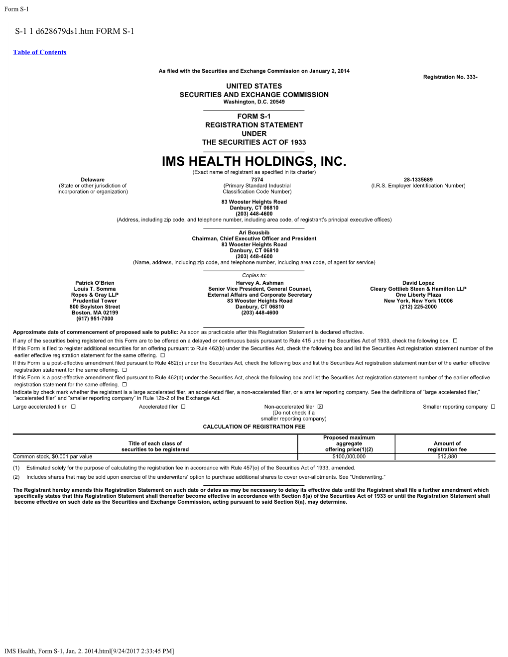 Form S-1, IMS Health Holdings, Inc., Filed Jan. 2, 2014