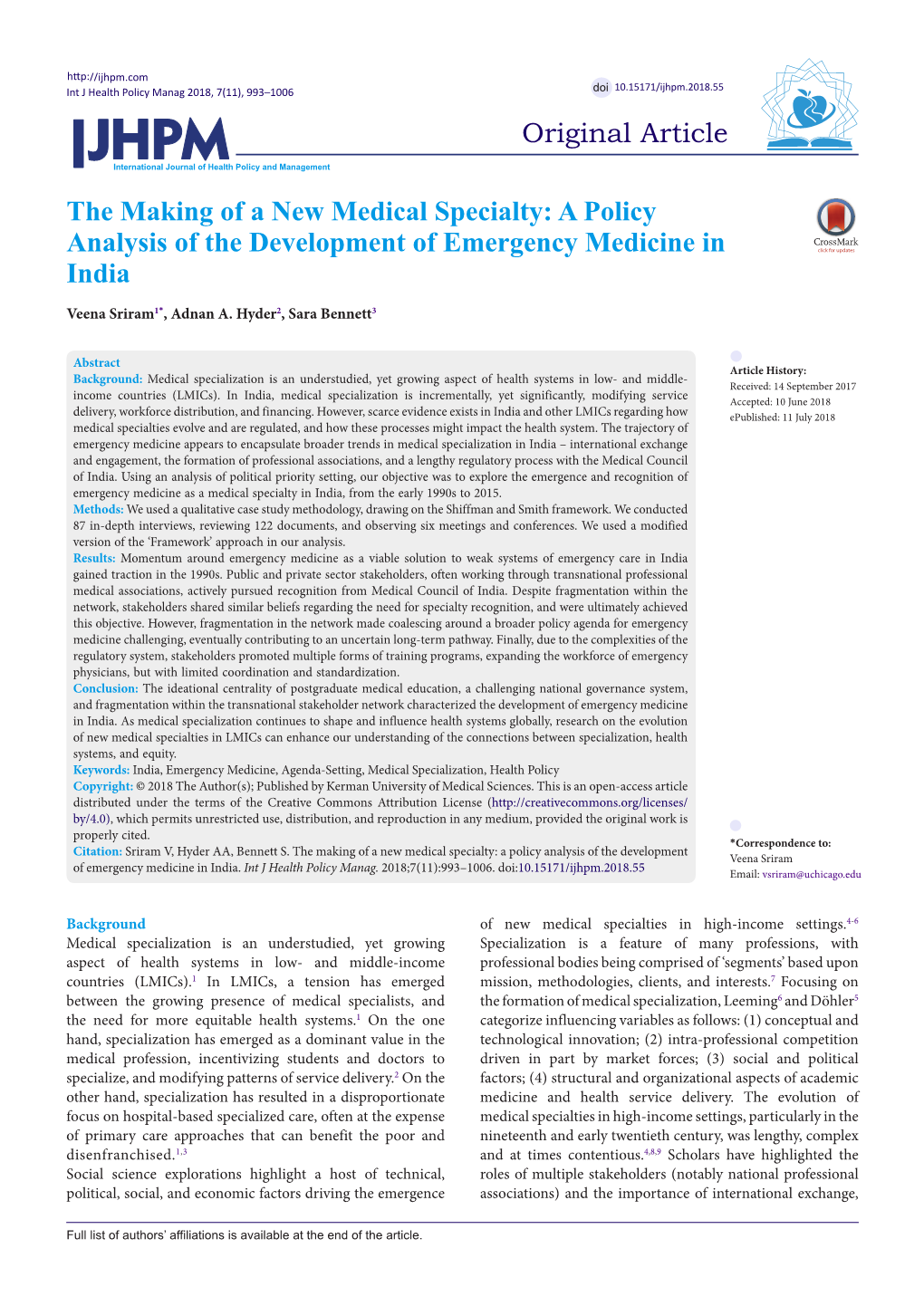 A Policy Analysis of the Development of Emergency Medicine in India