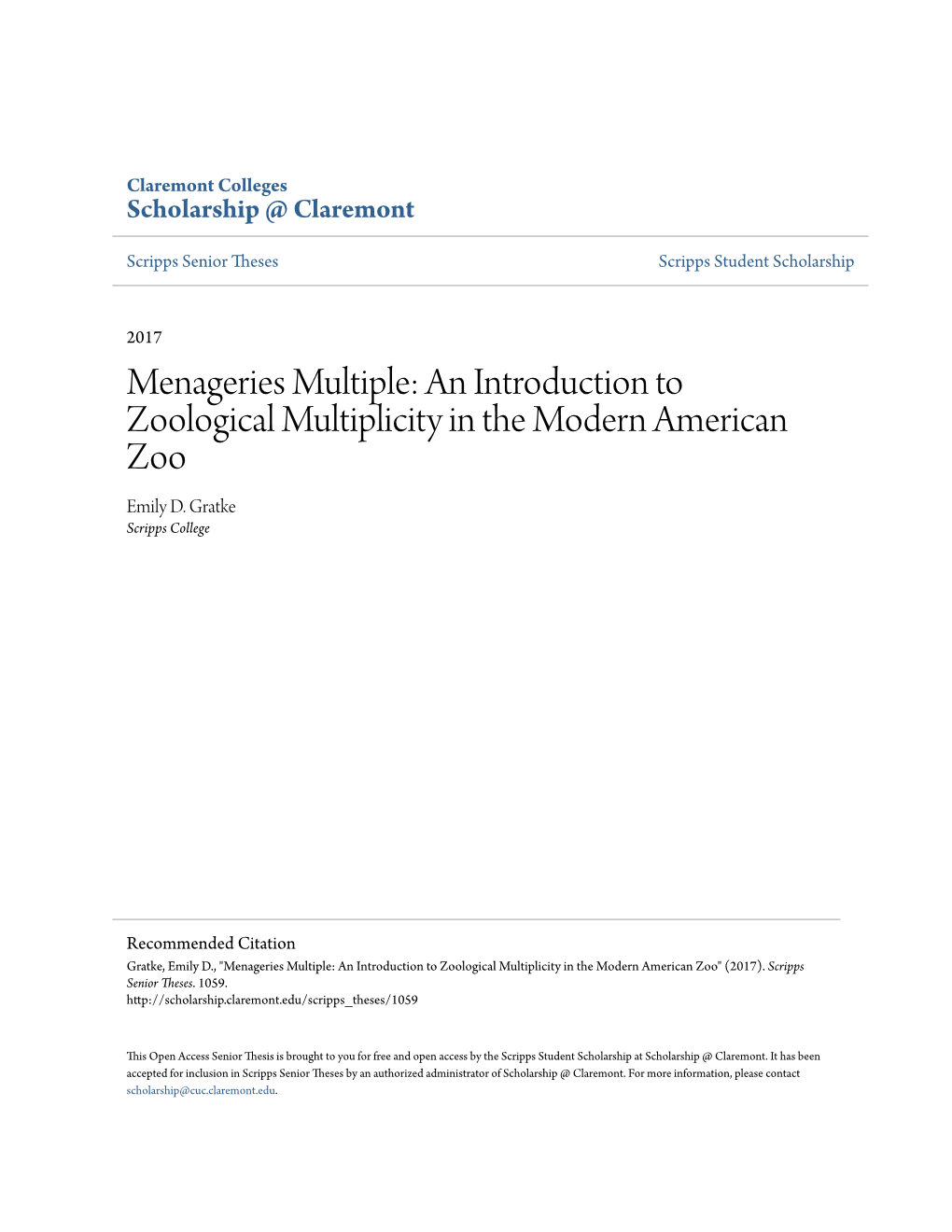 An Introduction to Zoological Multiplicity in the Modern American Zoo Emily D