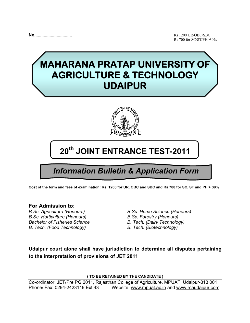 Maharana Pratap University of Agriculture & Technology, Udaipur, Notified from Time to Time
