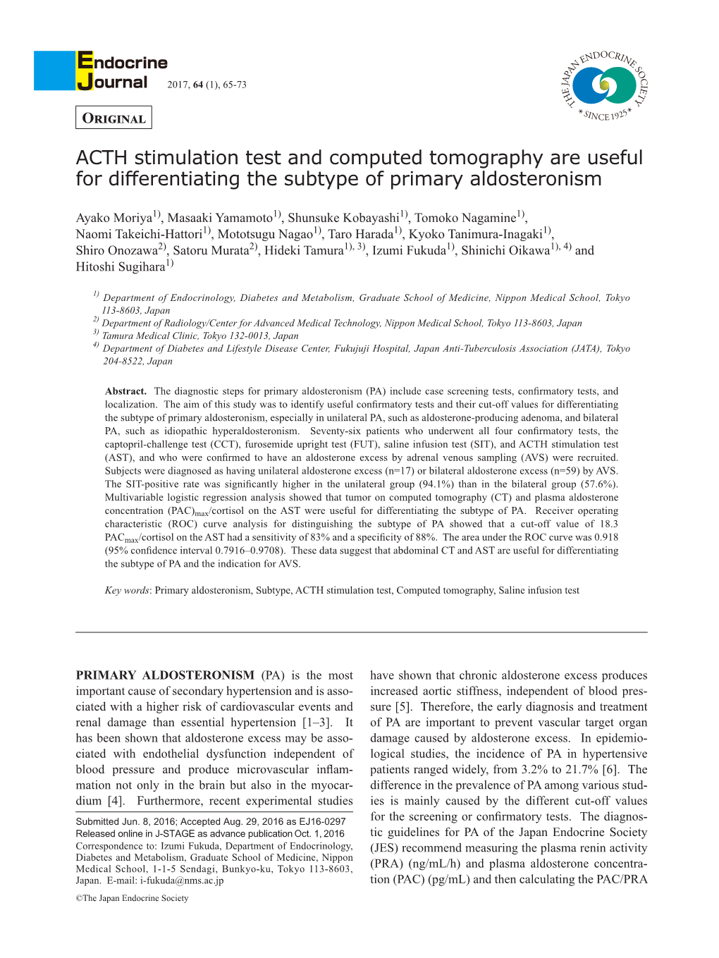ACTH Stimulation Test and Computed Tomography Are Useful for Differentiating the Subtype of Primary Aldosteronism