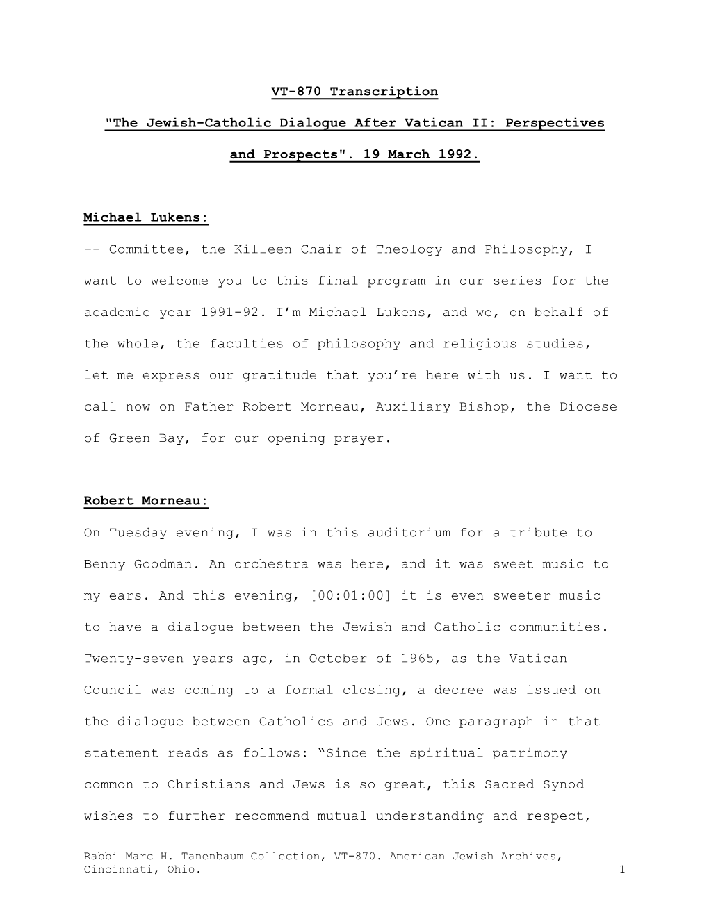 VT-870 Transcription "The Jewish-Catholic Dialogue After Vatican II