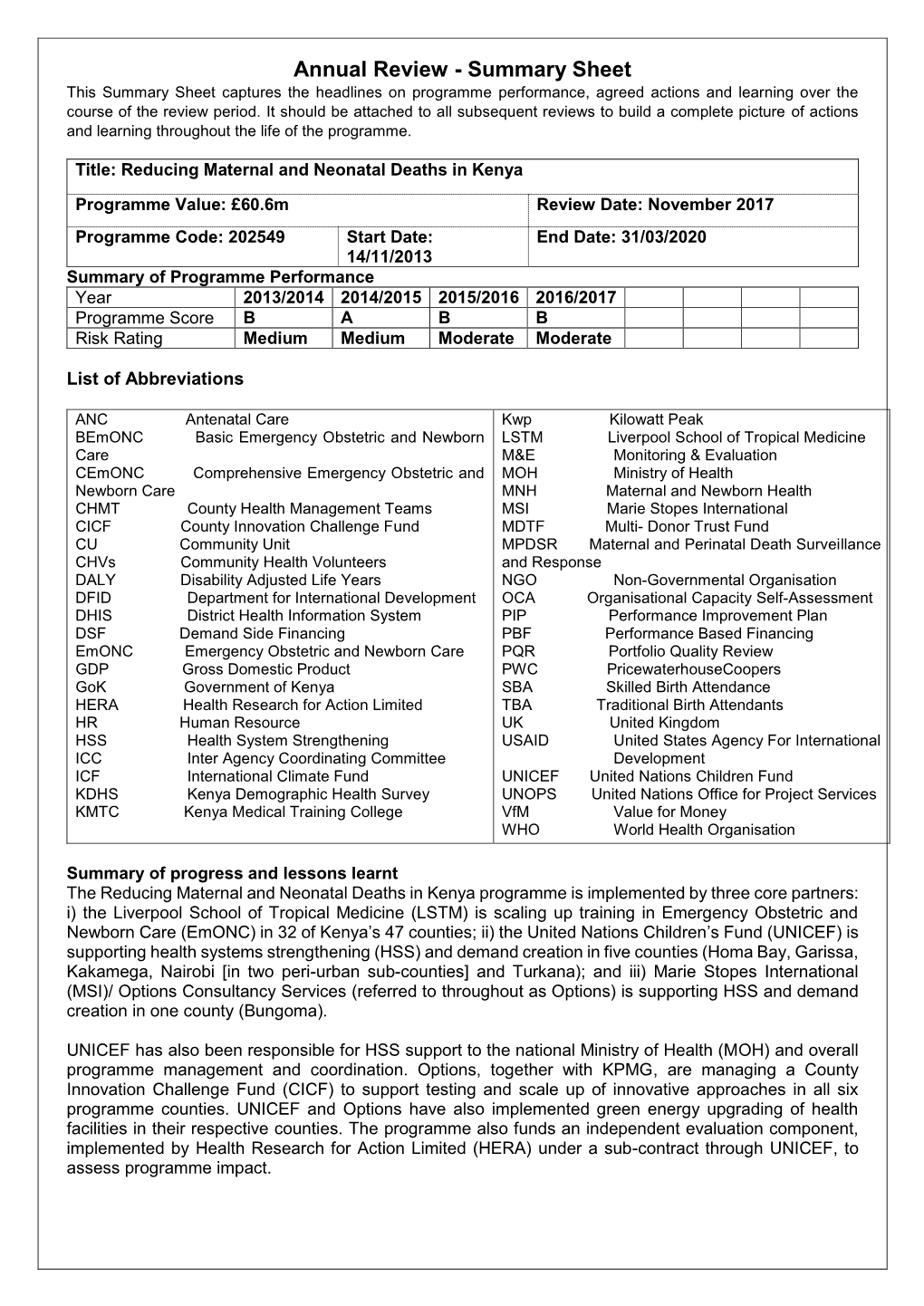 Annual Review - Summary Sheet This Summary Sheet Captures the Headlines on Programme Performance, Agreed Actions and Learning Over the Course of the Review Period