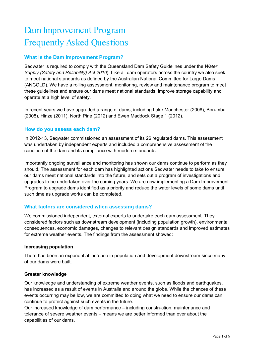 Dam Improvement Program Frequently Asked Questions