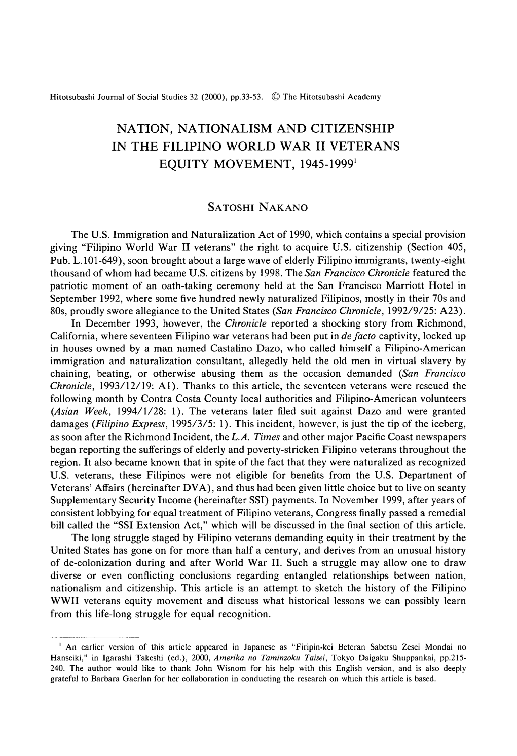 NATION, NATIONALISM and CITIZENSHIP in the Filiplno WORLD WAR 11 VETERANS EQUITY MOVEMENT, 1945-1999*