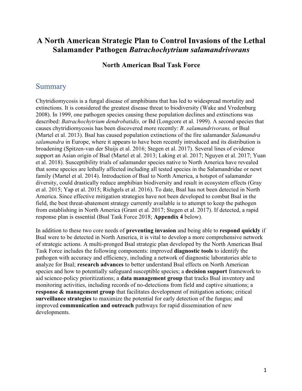 A North American Strategic Plan to Control Invasions of the Lethal Salamander Pathogen Batrachochytrium Salamandrivorans Summary