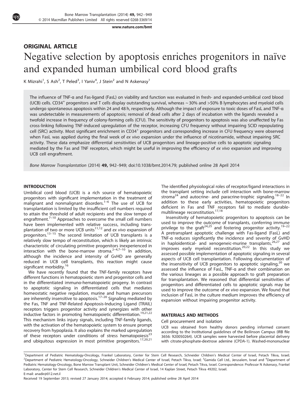 Negative Selection by Apoptosis Enriches Progenitors in Naïve and Expanded Human Umbilical Cord Blood Grafts