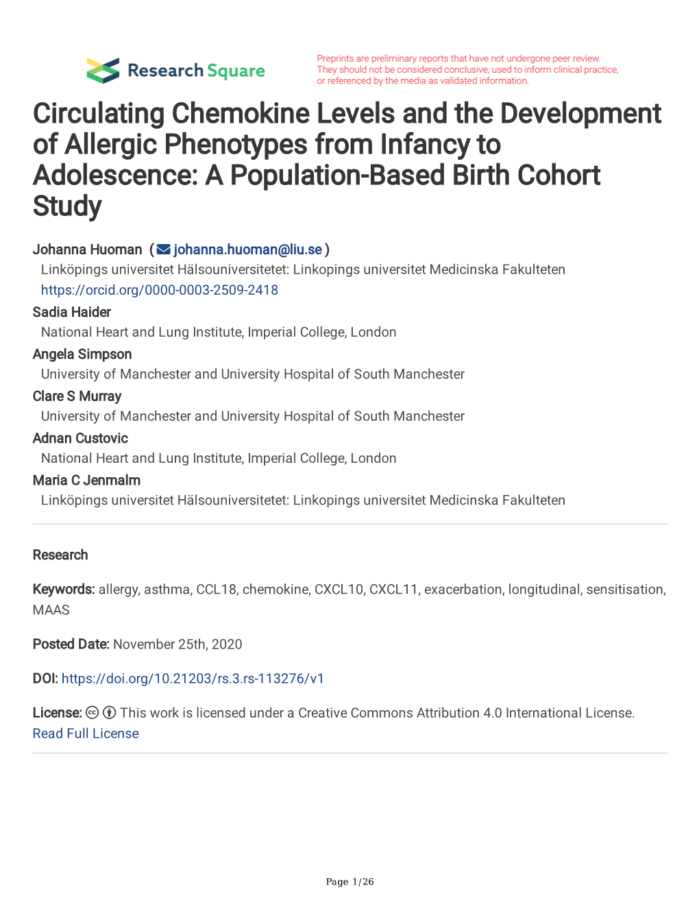 Circulating Chemokine Levels and the Development of Allergic Phenotypes from Infancy to Adolescence: a Population-Based Birth Cohort Study