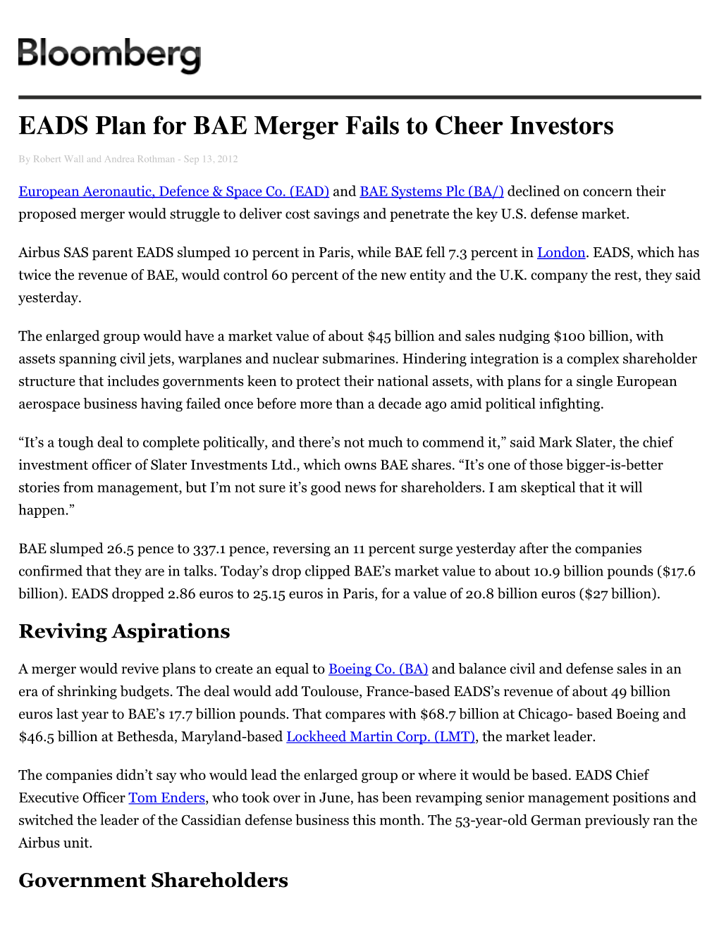 EADS Plan for BAE Merger Fails to Cheer Investors