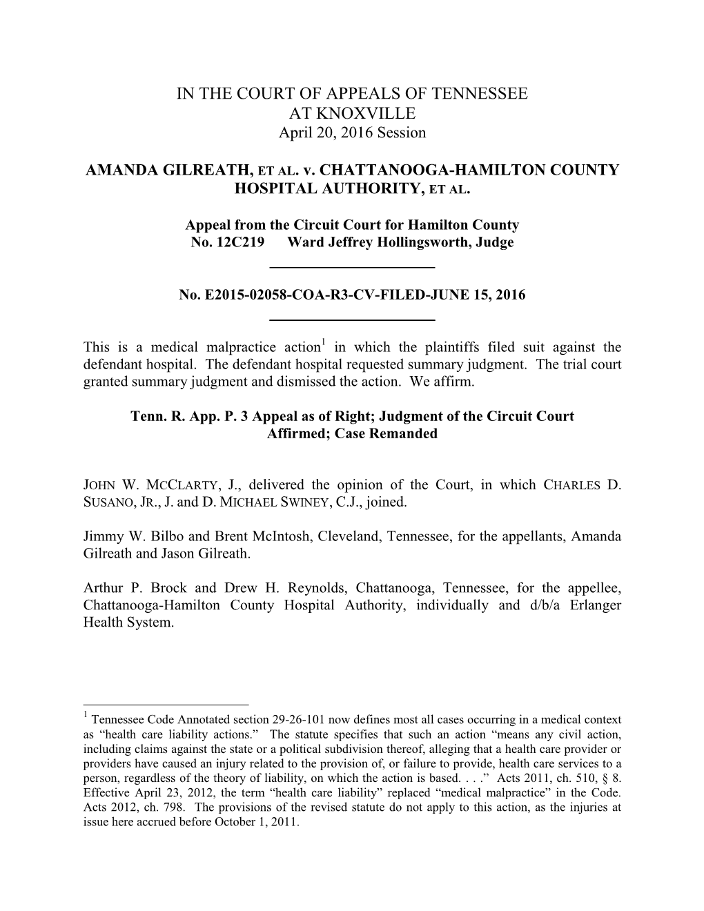 AMANDA GILREATH, ET AL. V. CHATTANOOGA-HAMILTON COUNTY HOSPITAL AUTHORITY, ET AL