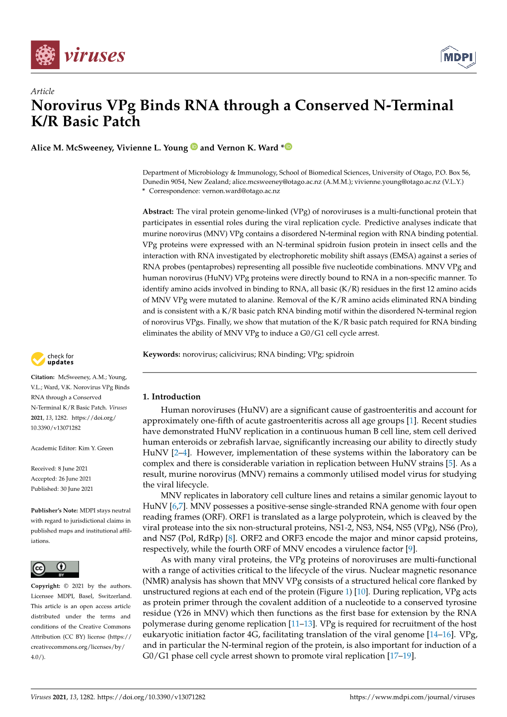 Norovirus Vpg Binds RNA Through a Conserved N-Terminal K/R Basic Patch