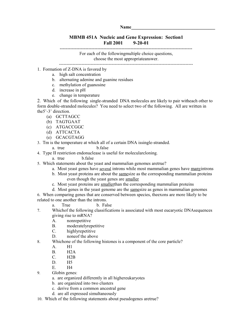 MBMB 451A Nucleic and Gene Expression: Section1