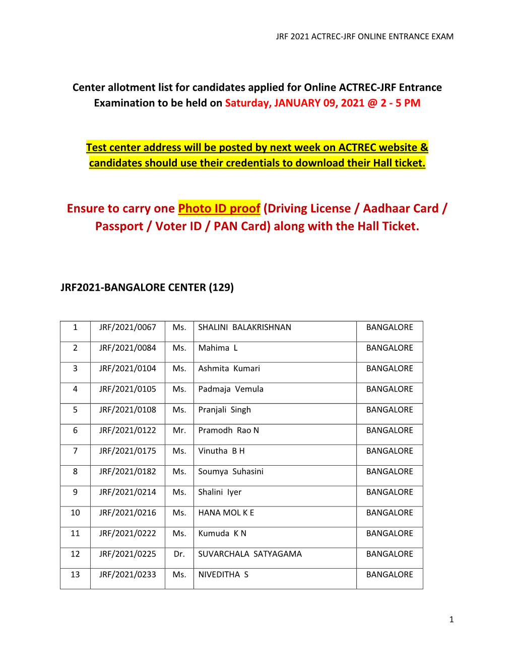 Driving License / Aadhaar Card / Passport / Voter ID / PAN Card) Along with the Hall Ticket