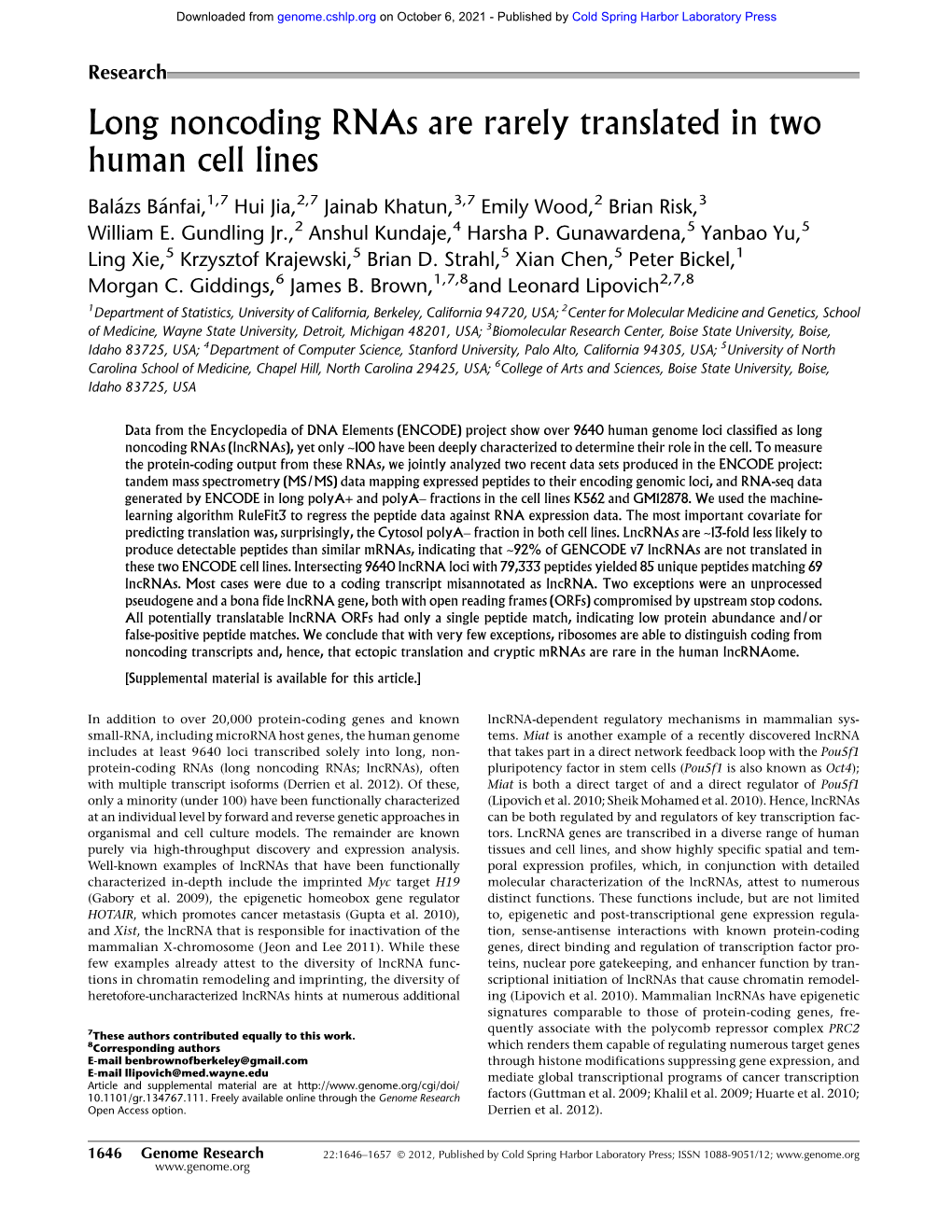 Long Noncoding Rnas Are Rarely Translated in Two Human Cell Lines