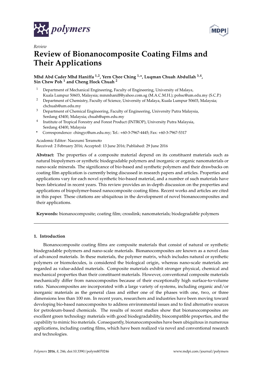 Review of Bionanocomposite Coating Films and Their Applications