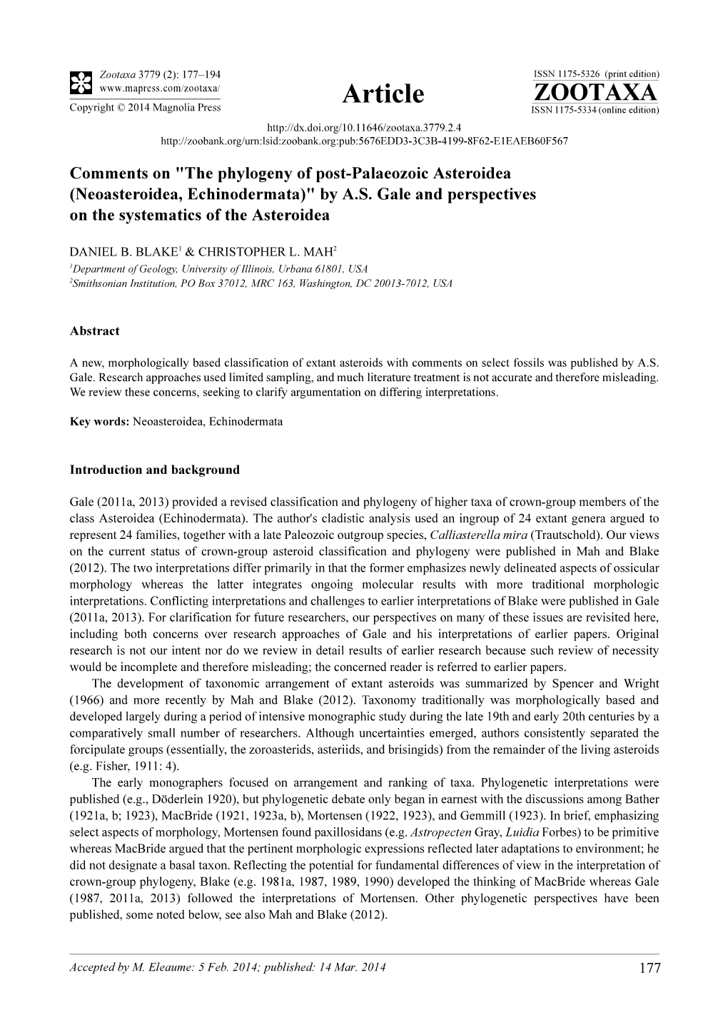 Comments On" the Phylogeny of Post-Palaeozoic Asteroidea