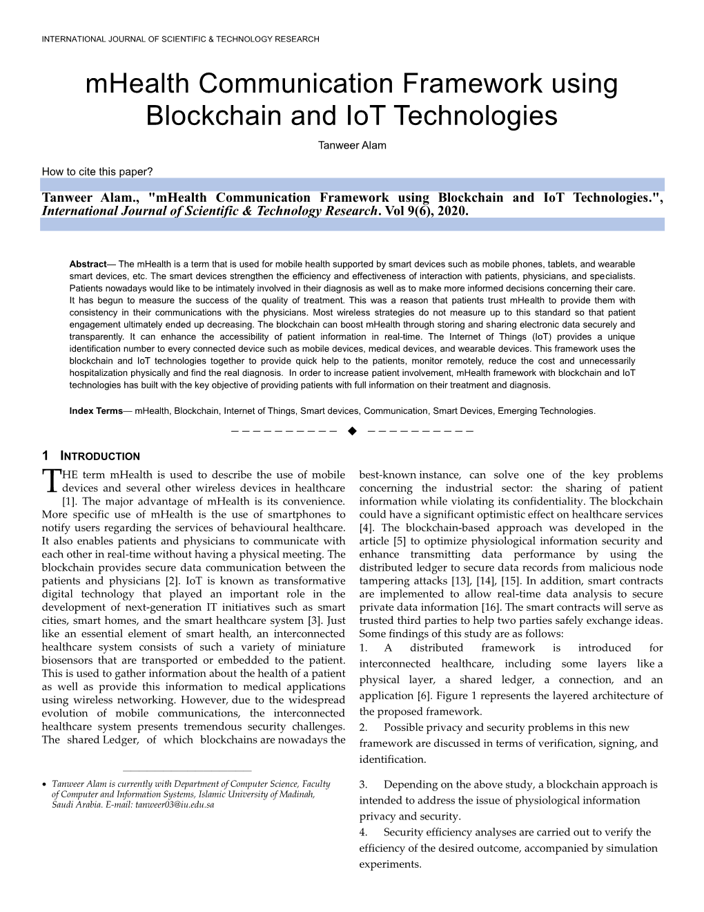 Mhealth Communication Framework Using Blockchain and Iot Technologies Tanweer Alam