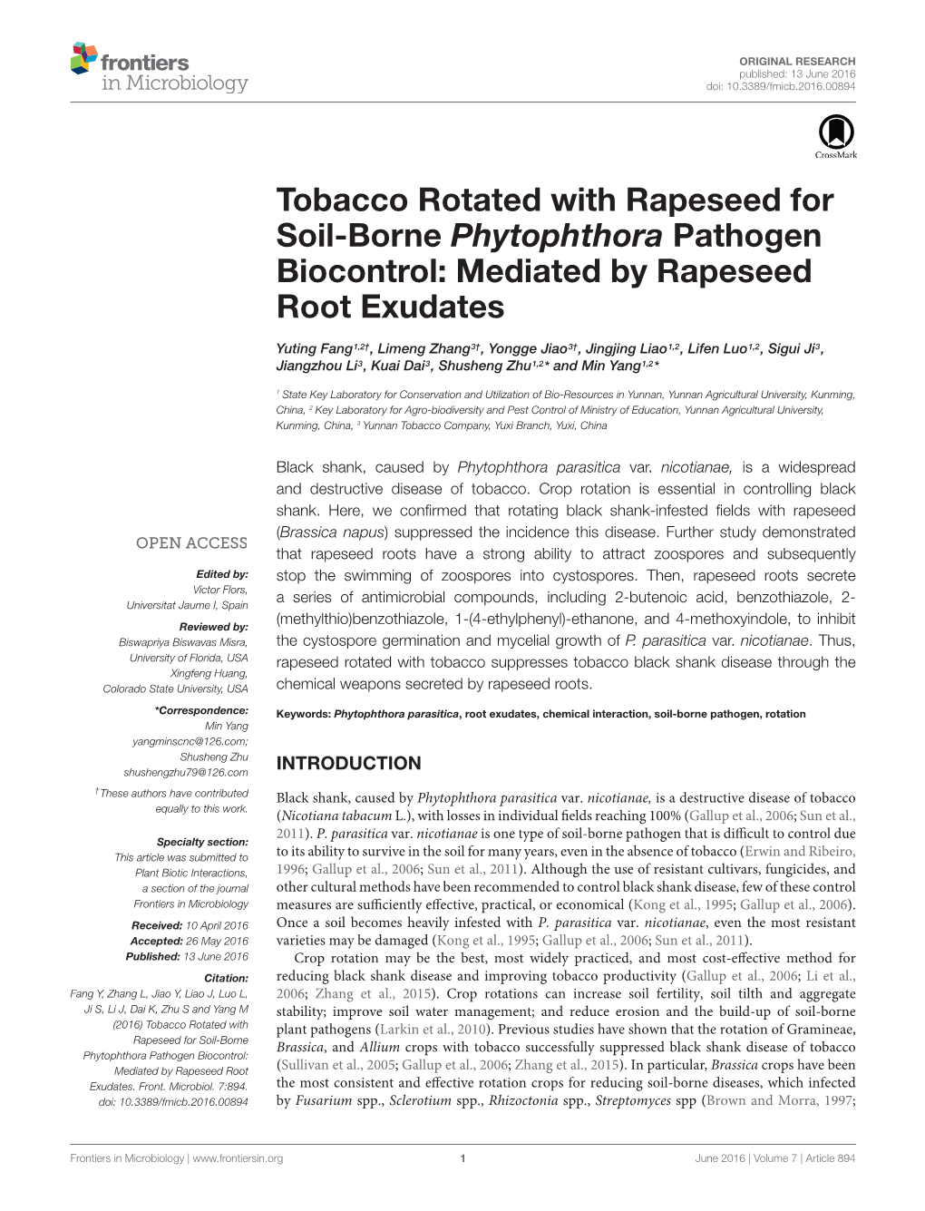 Tobacco Rotated with Rapeseed for Soil-Borne Phytophthora Pathogen Biocontrol: Mediated by Rapeseed Root Exudates