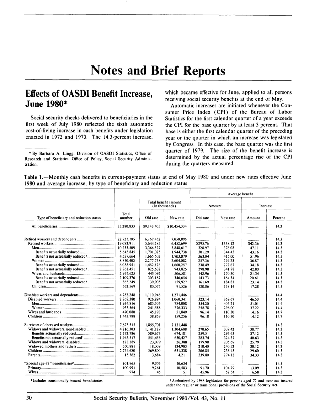 Effects of OASDI Benefit Increase, June 1980