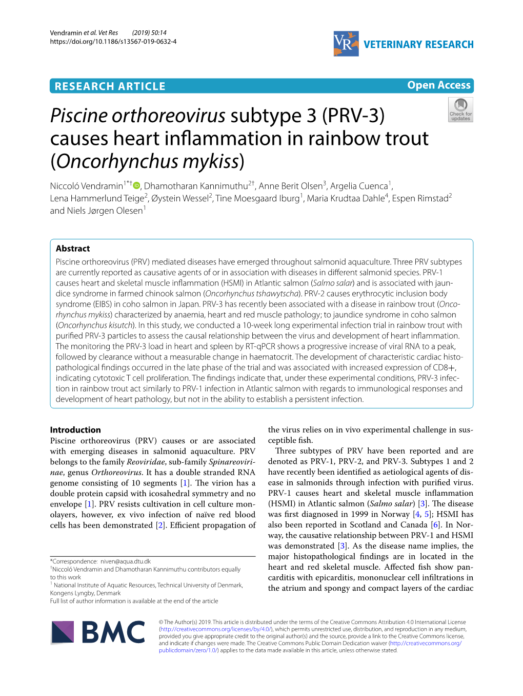 Piscine Orthoreovirus Subtype 3 (PRV-3) Causes Heart Inflammation in Rainbow Trout (Oncorhynchus Mykiss)