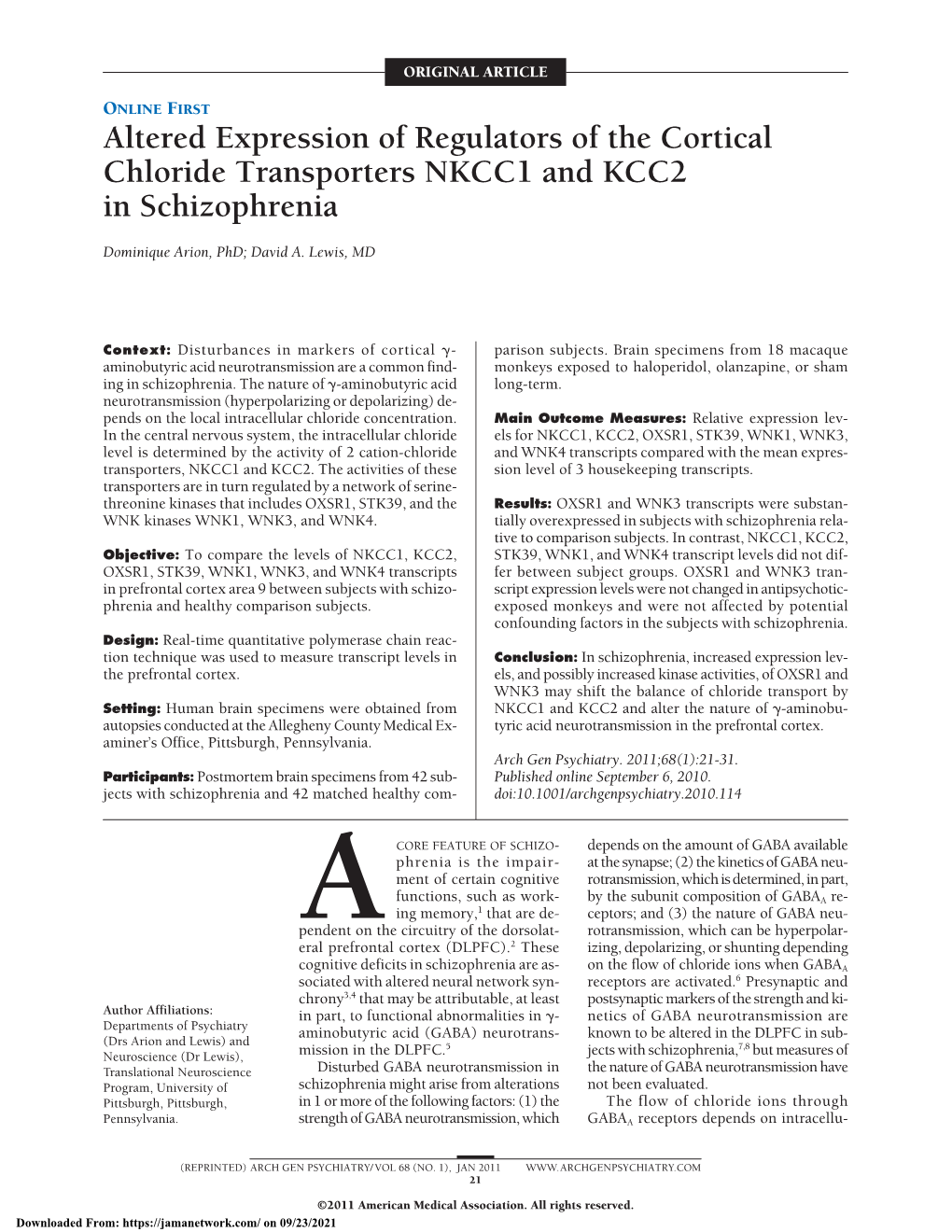 Altered Expression of Regulators of the Cortical Chloride Transporters NKCC1 and KCC2 in Schizophrenia