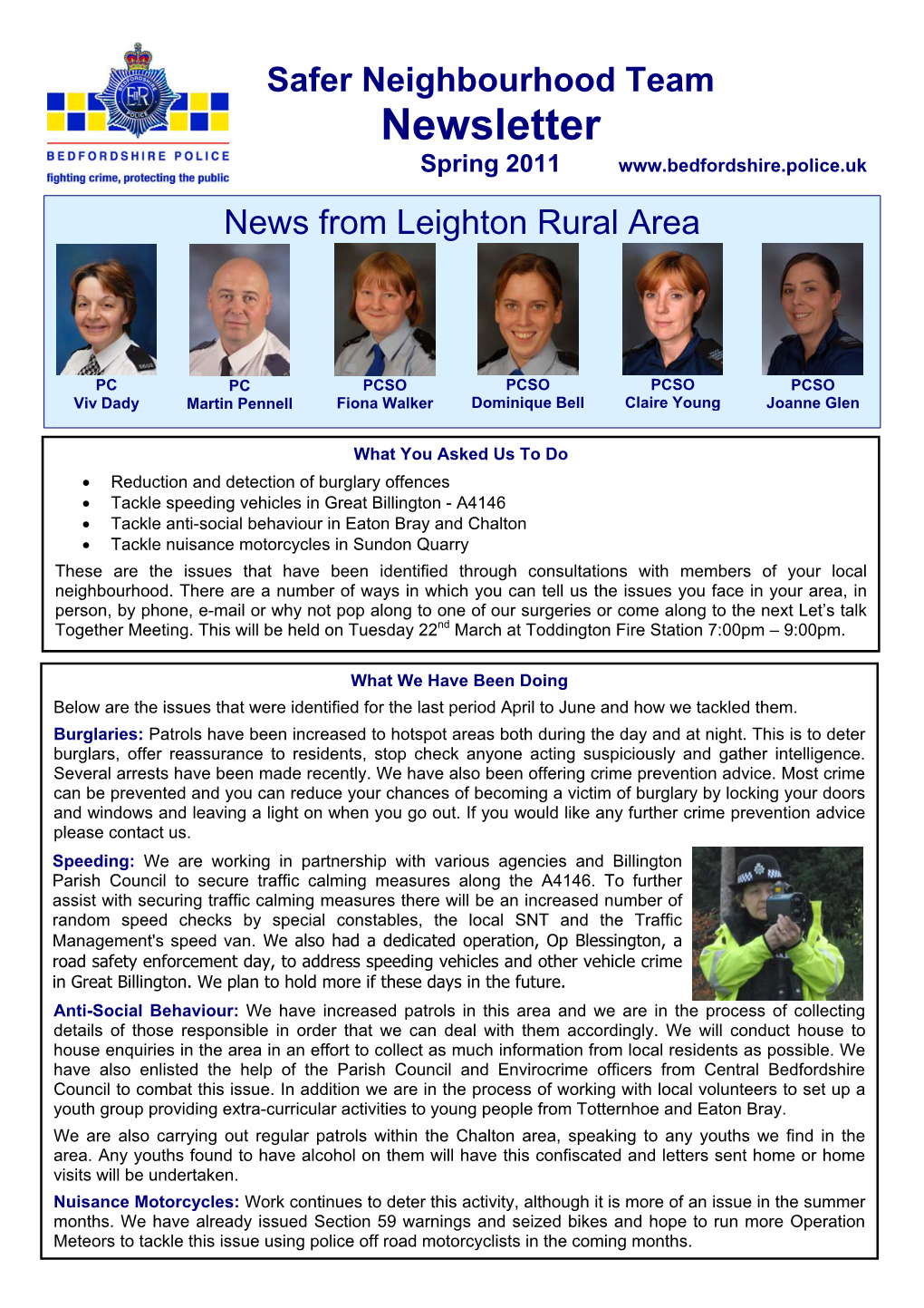 Safer Neighbourhood Team Newsletter, Spring 2011