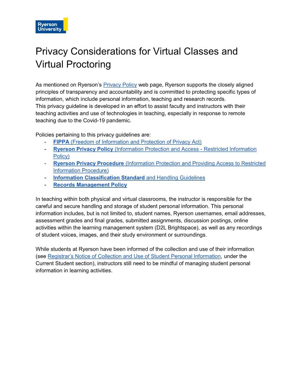 Privacy Considerations for Virtual Classes and Virtual Proctoring