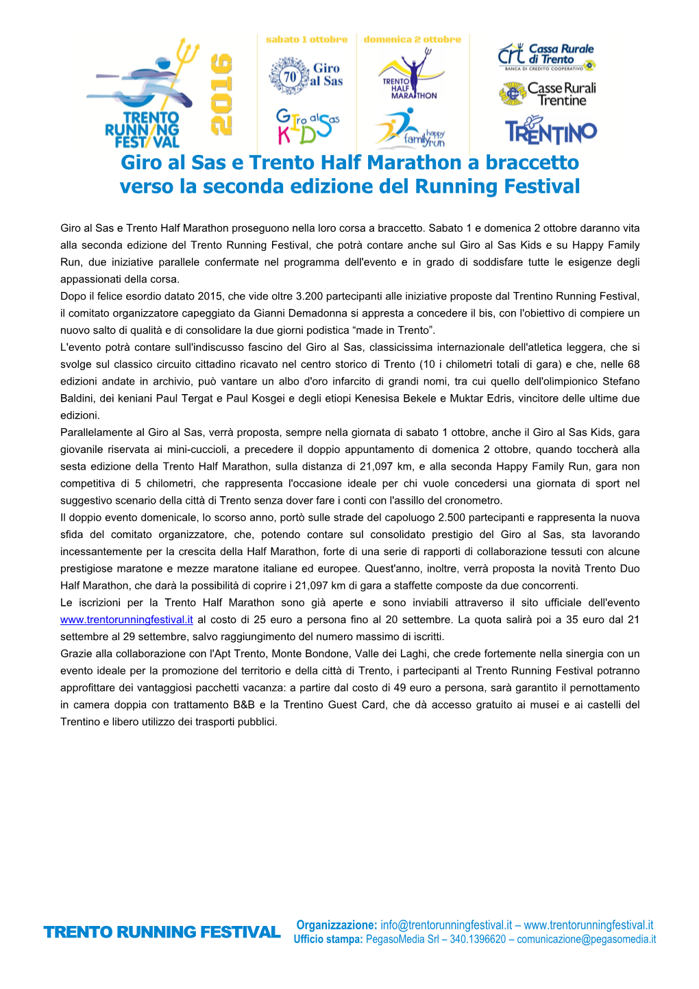 Giro Al Sas E Trento Half Marathon a Braccetto Verso La Seconda Edizione Del Running Festival