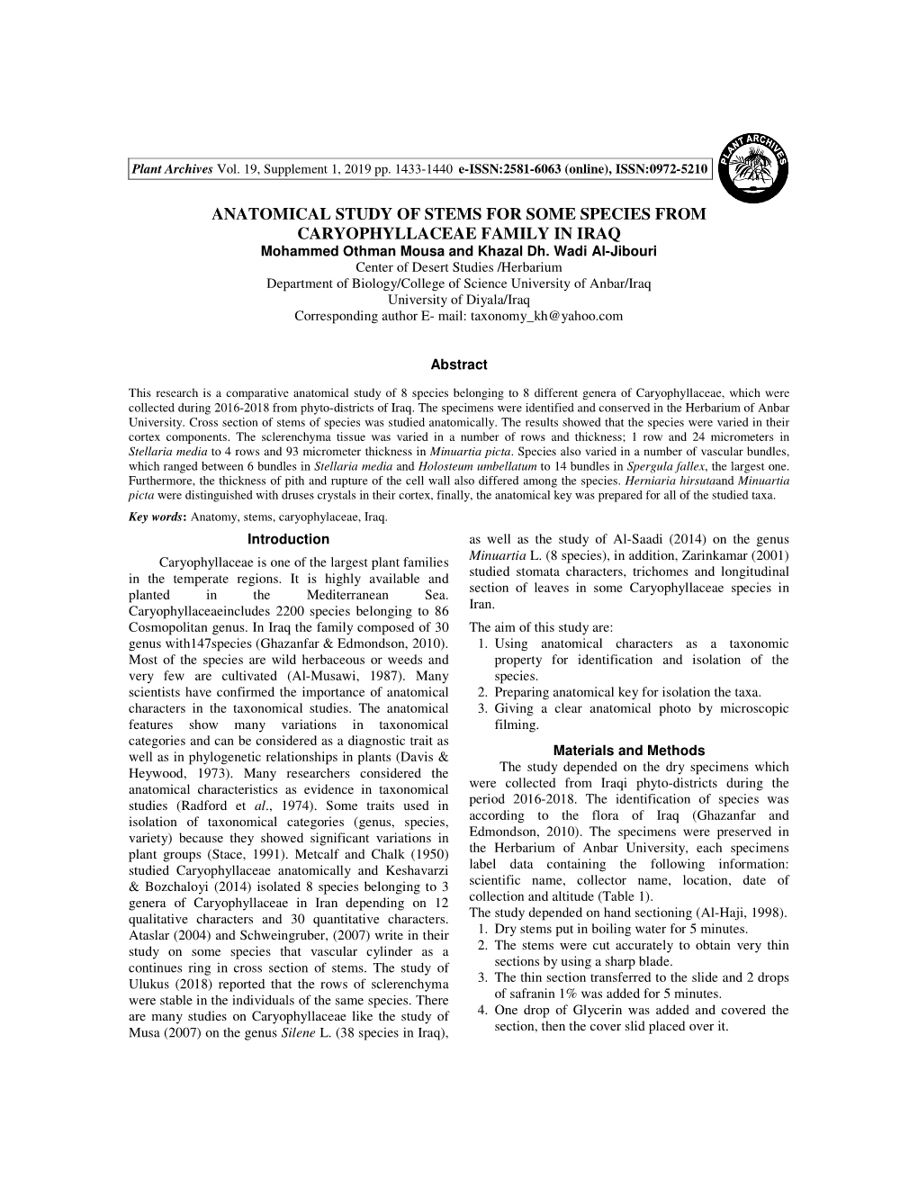 ANATOMICAL STUDY of STEMS for SOME SPECIES from CARYOPHYLLACEAE FAMILY in IRAQ Mohammed Othman Mousa and Khazal Dh