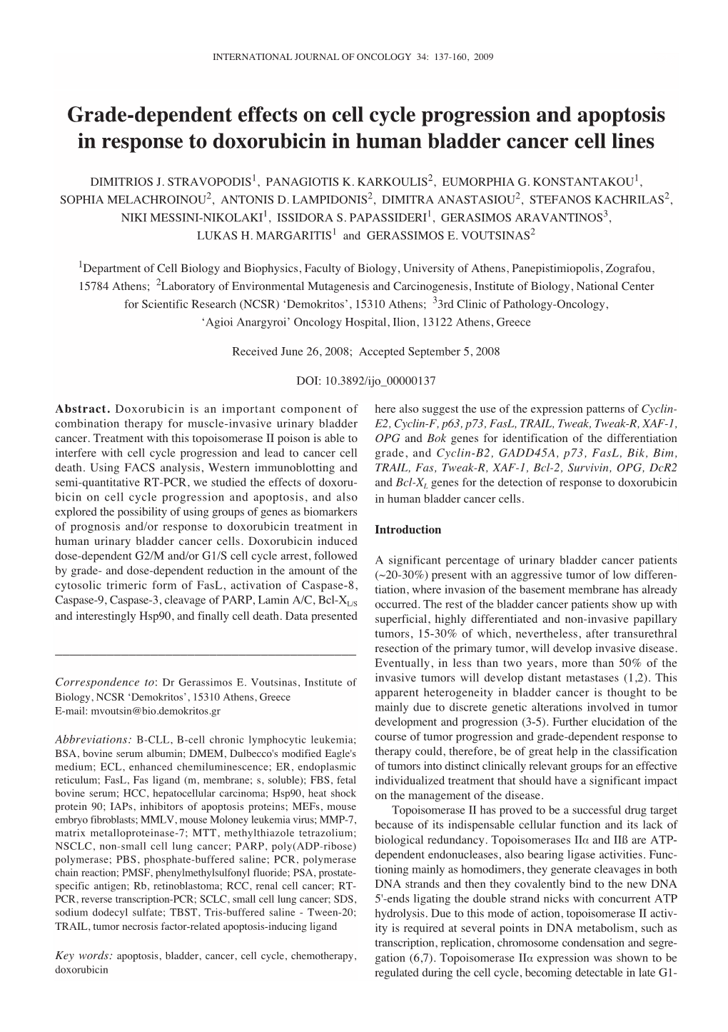 Grade-Dependent Effects on Cell Cycle Progression and Apoptosis in Response to Doxorubicin in Human Bladder Cancer Cell Lines