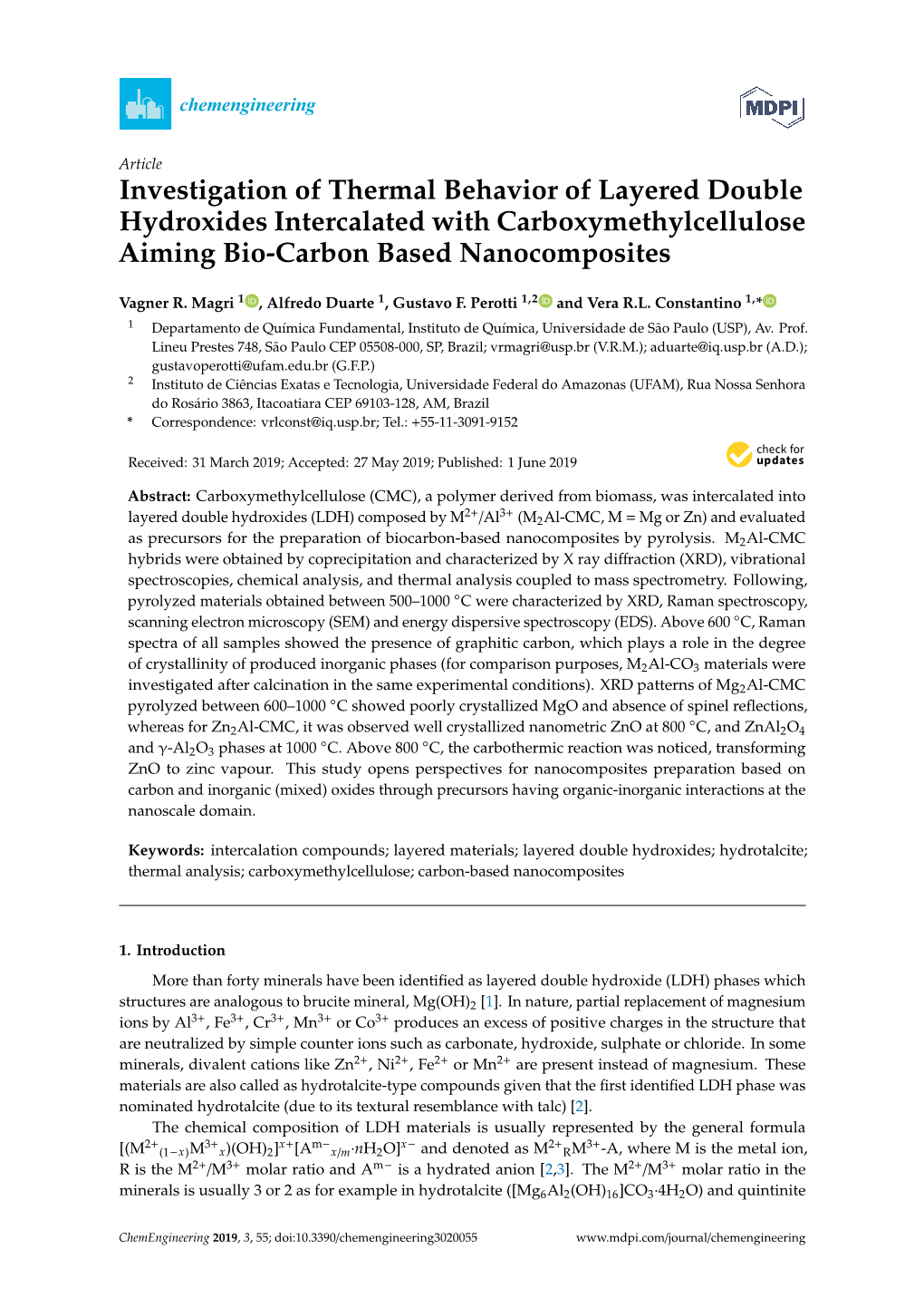 Investigation of Thermal Behavior of Layered Double Hydroxides Intercalated with Carboxymethylcellulose Aiming Bio-Carbon Based Nanocomposites