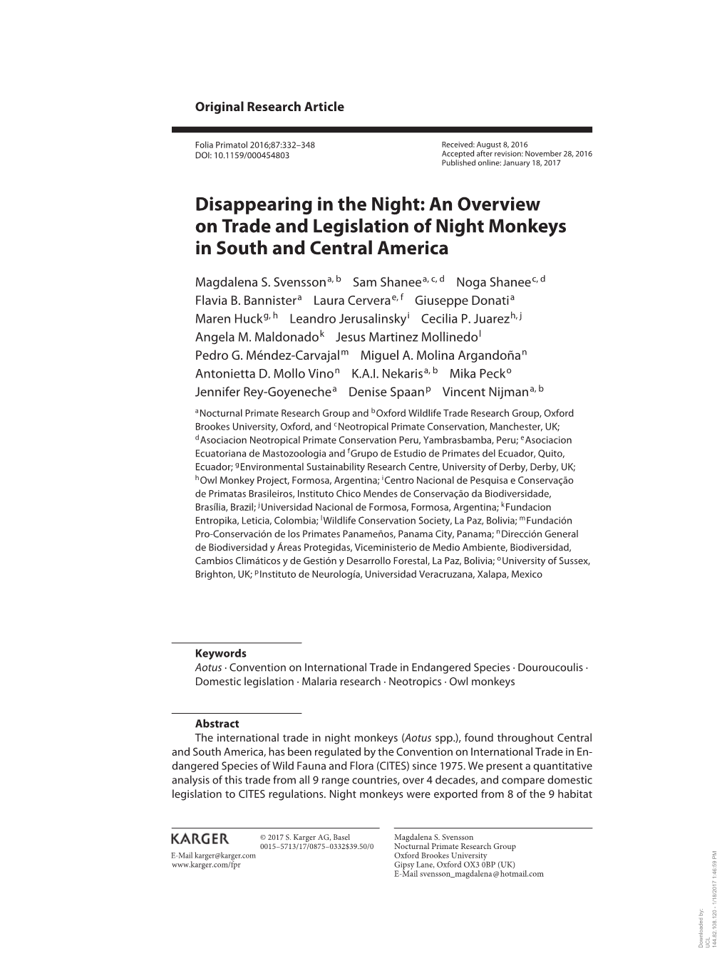 An Overview on Trade and Legislation of Night Monkeys in South and Central America