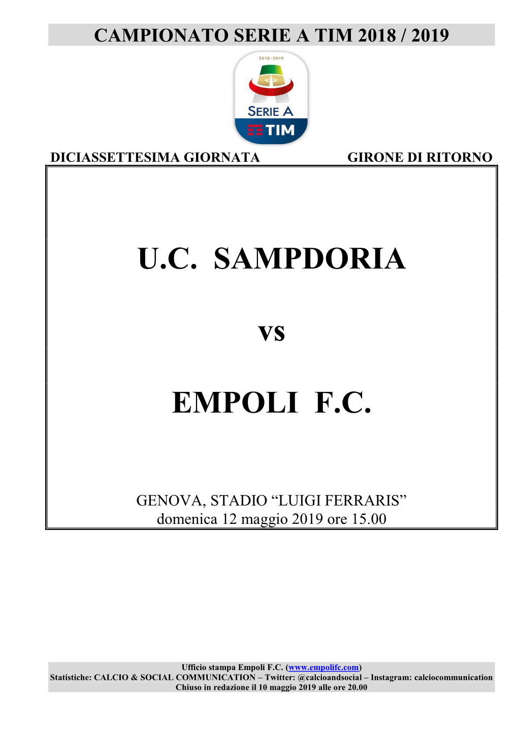 U.C. SAMPDORIA Vs EMPOLI F.C