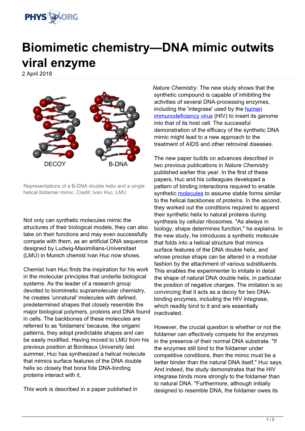 Biomimetic Chemistry—DNA Mimic Outwits Viral Enzyme 2 April 2018