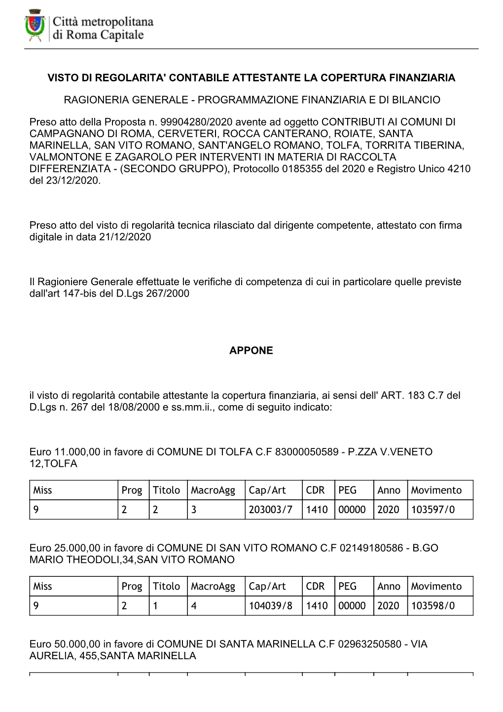 Visto Di Regolarita' Contabile Attestante La Copertura Finanziaria