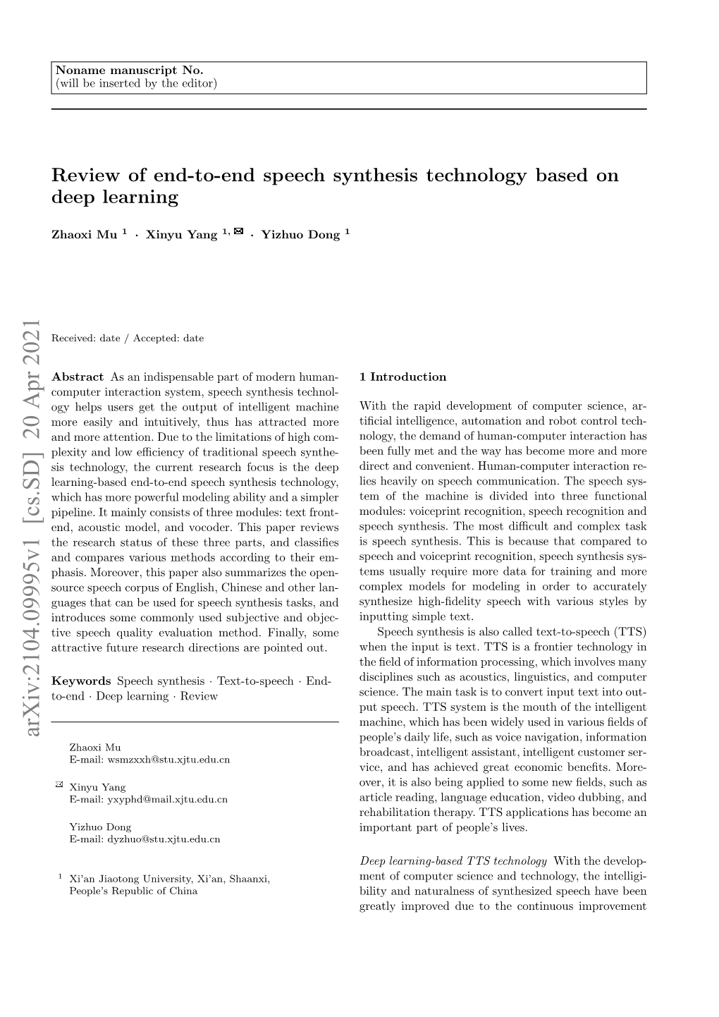 Review of End-To-End Speech Synthesis Technology Based on Deep Learning