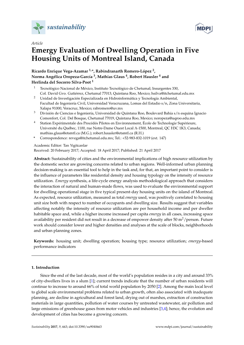 Emergy Evaluation of Dwelling Operation in Five Housing Units of Montreal Island, Canada