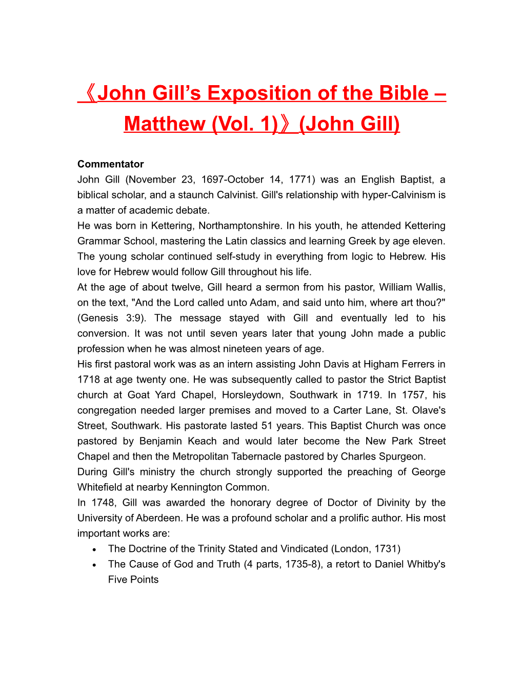 John Gill S Exposition of the Bible Matthew (Vol. 1) (John Gill)