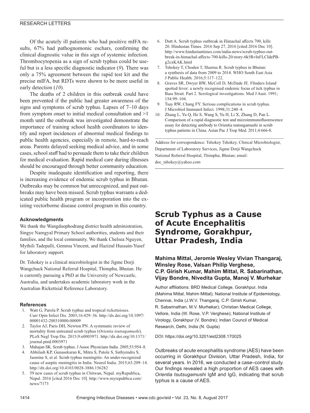 Scrub Typhus As a Cause of Acute Encephalitis Syndrome, Gorakhpur