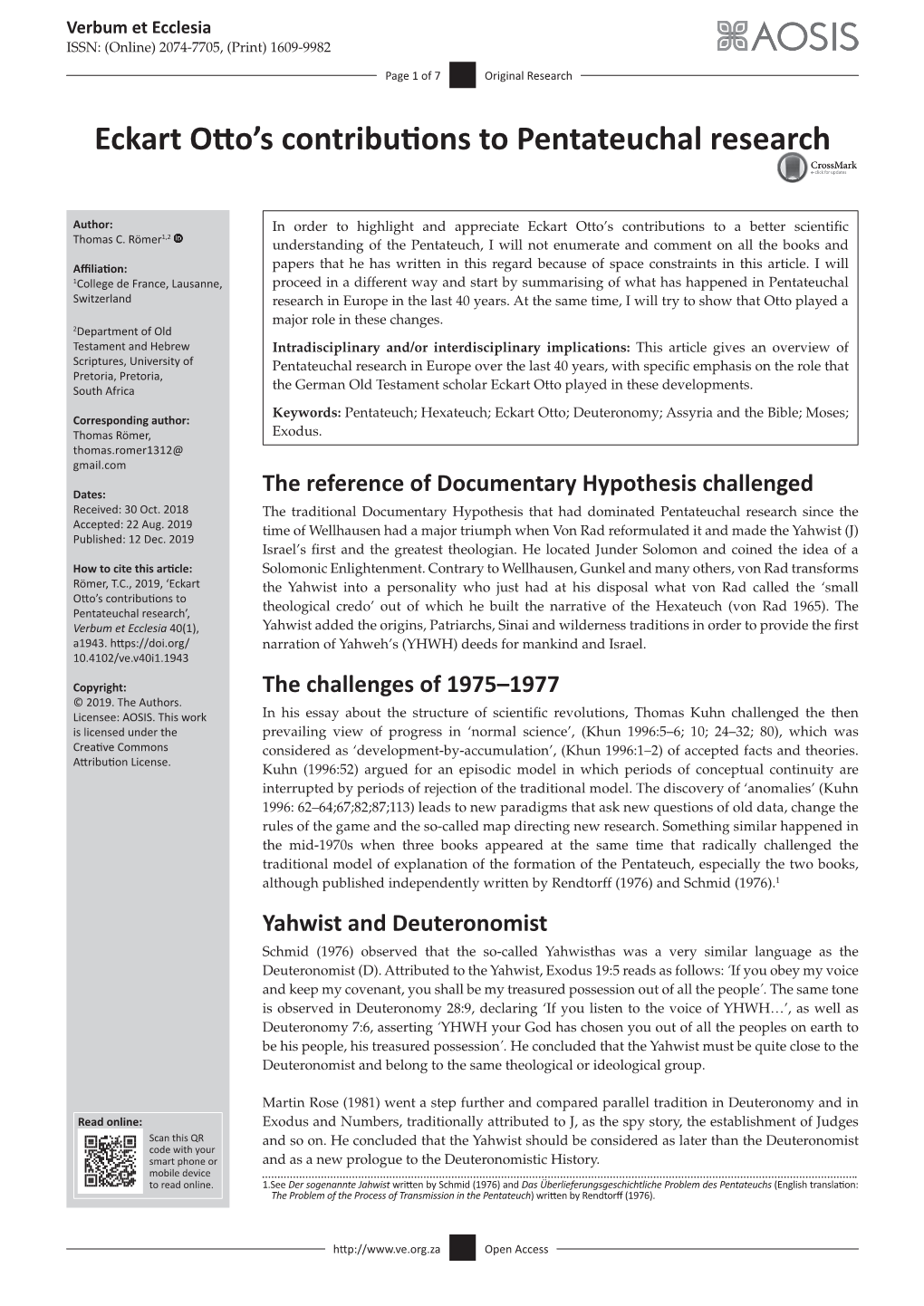 Eckart Otto’S Contributions to Pentateuchal Research