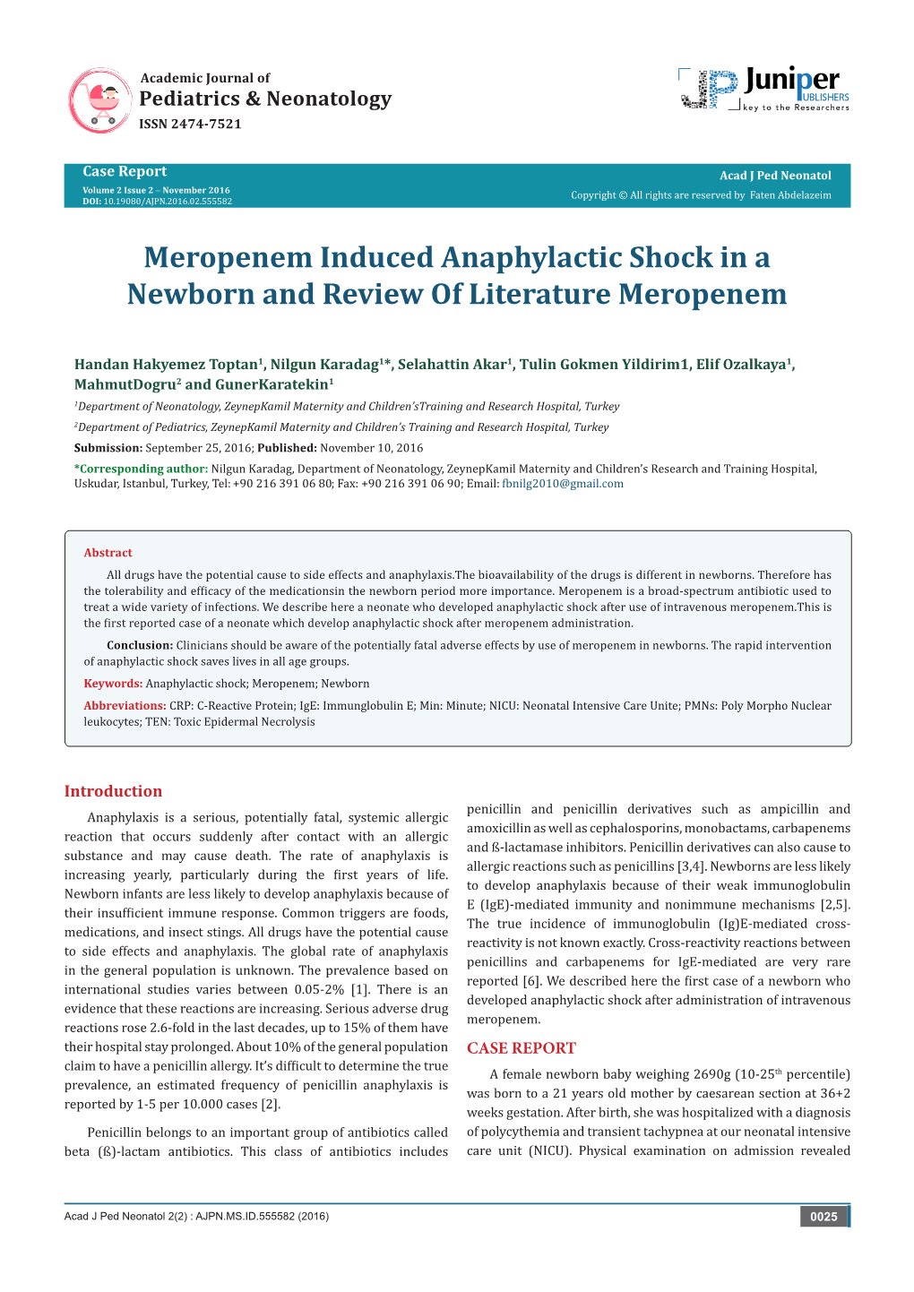 Meropenem Induced Anaphylactic Shock in a Newborn and Review of Literature Meropenem