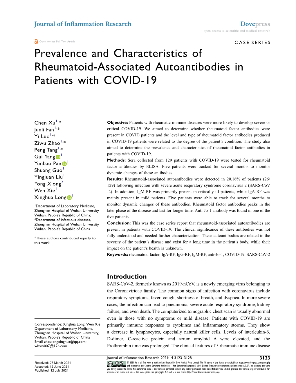 Prevalence and Characteristics of Rheumatoid-Associated Autoantibodies in Patients with COVID-19