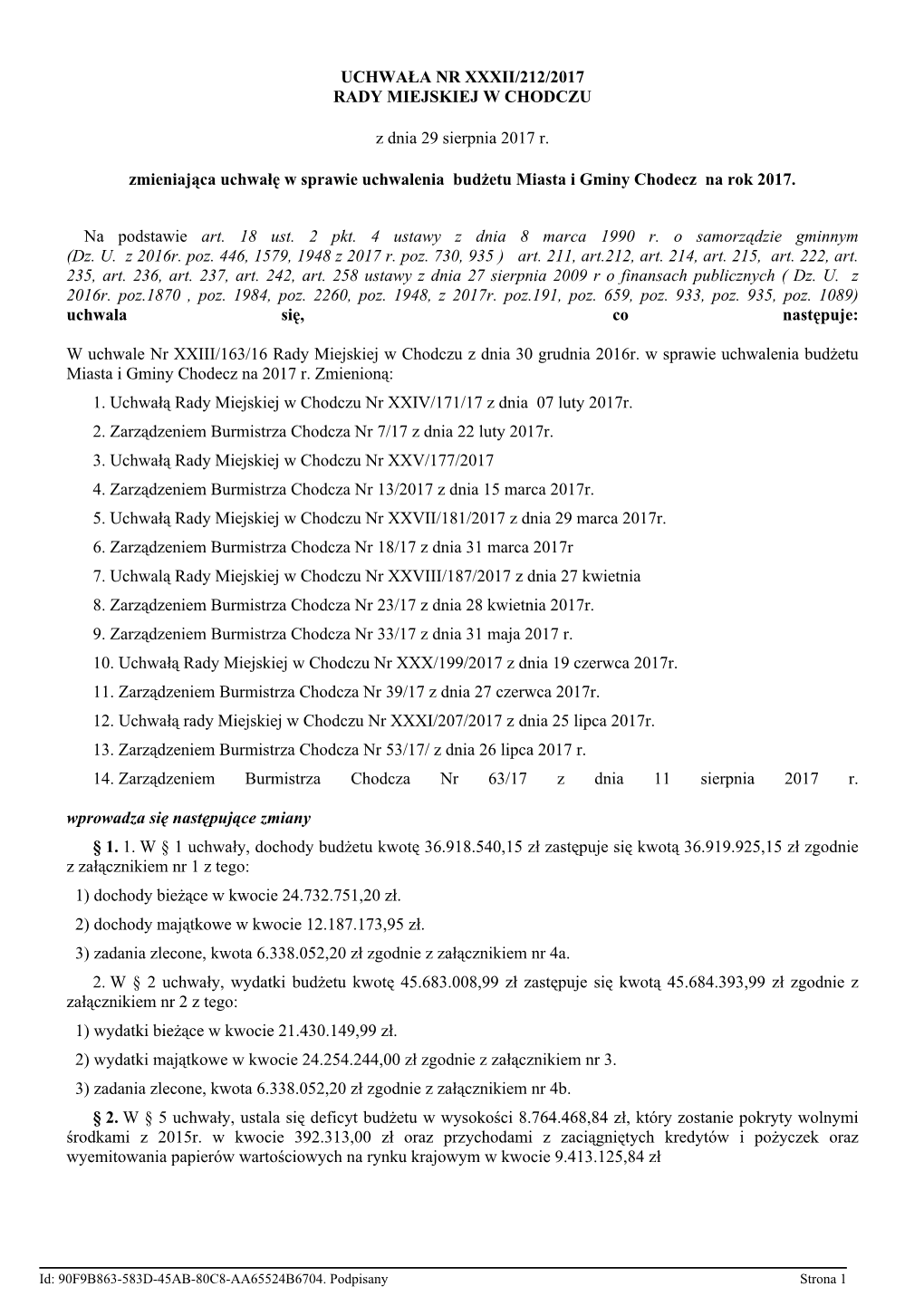 Uchwala Nr XXXII/212/2017 Z Dnia 29 Sierpnia 2017 R