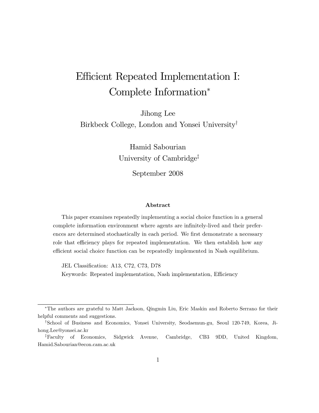 Effi Cient Repeated Implementation I