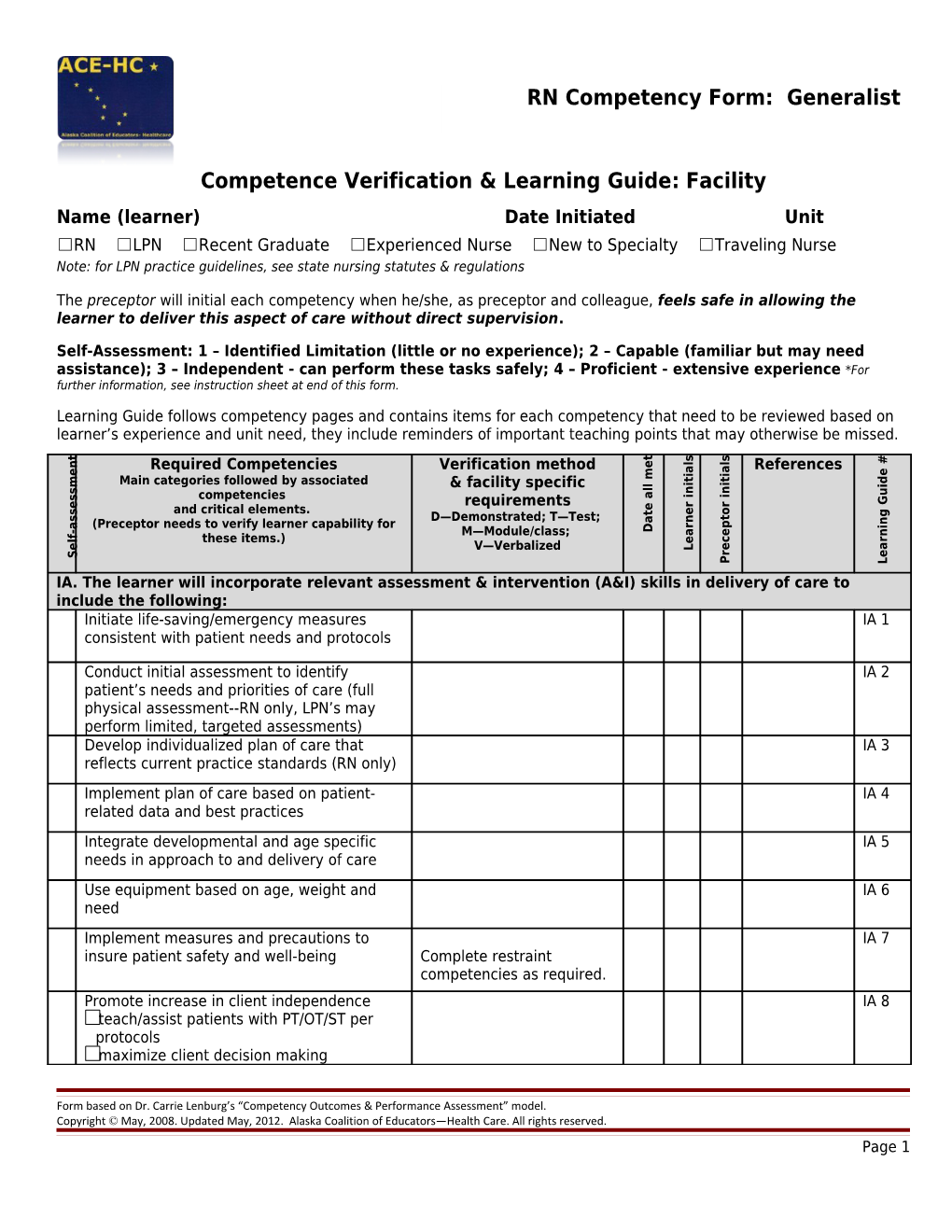 Competence Verification & Learning Guide: Facility s1