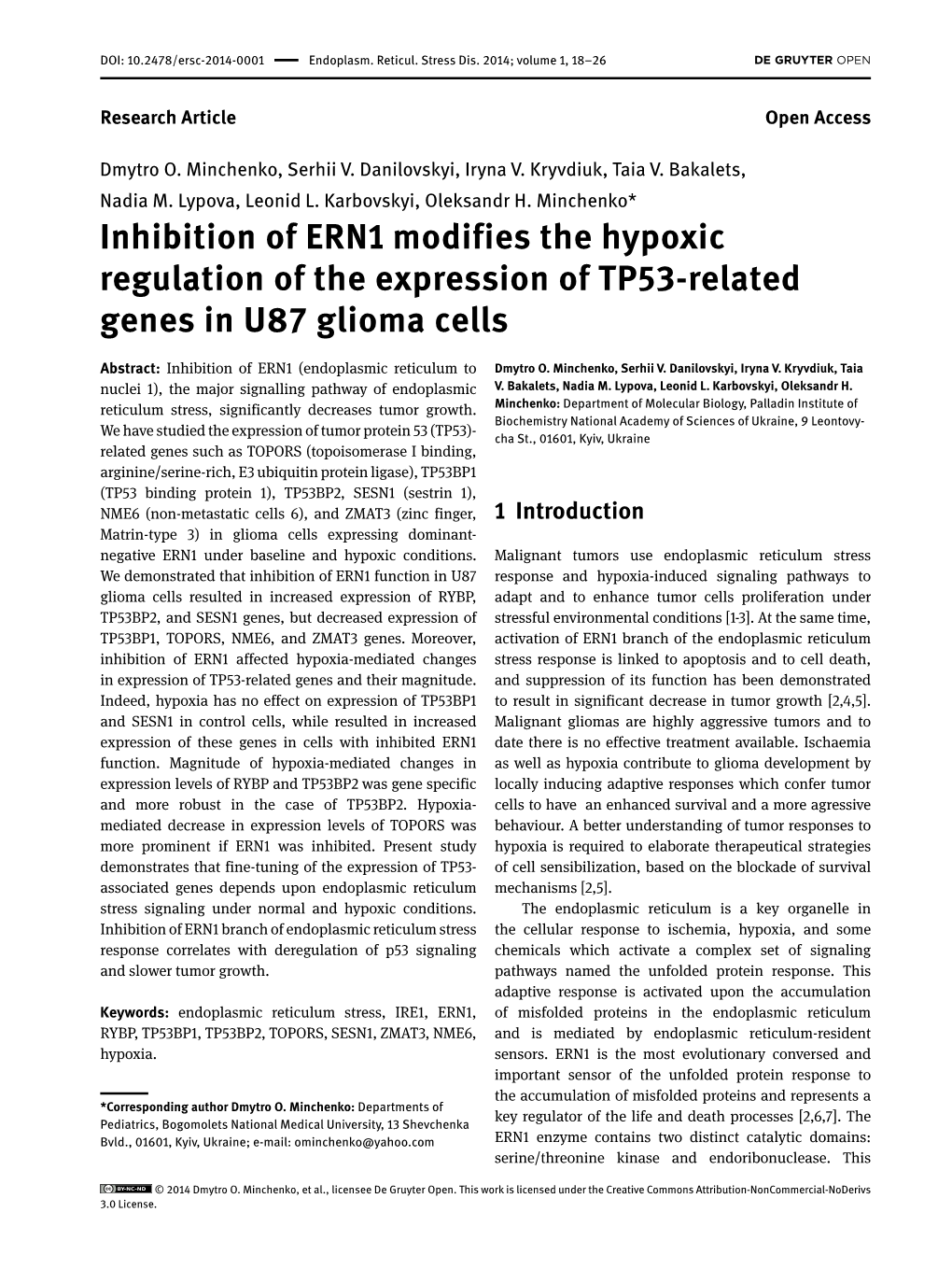 Inhibition of ERN1 Modifies the Hypoxic Regulation of the Expression of TP53-Related Genes in U87 Glioma Cells