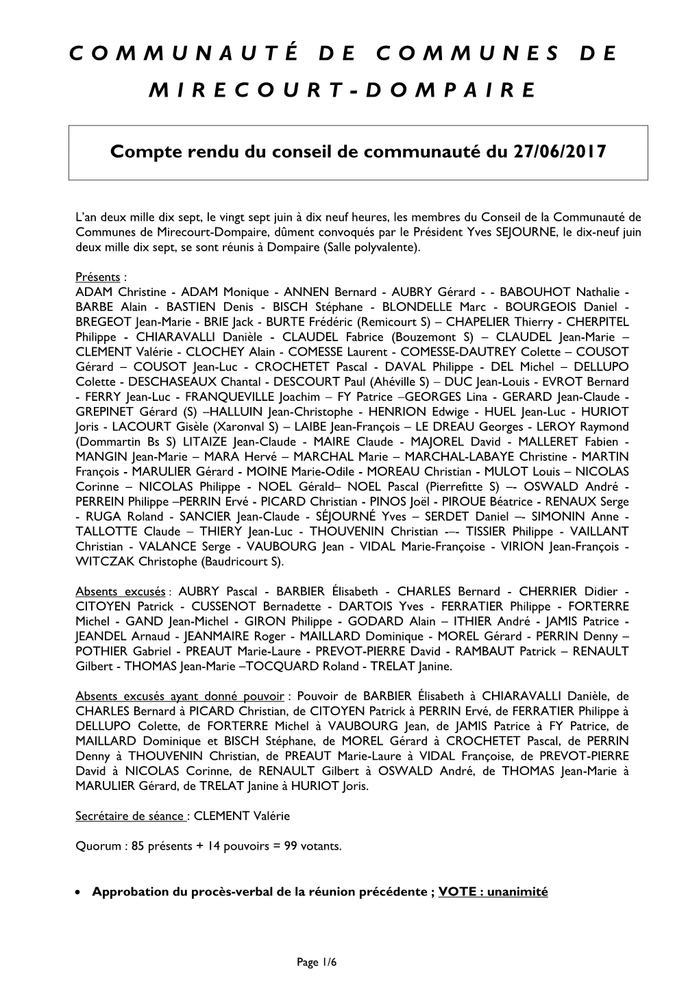 Compte Rendu Du Conseil De Communauté Du 27/06/2017