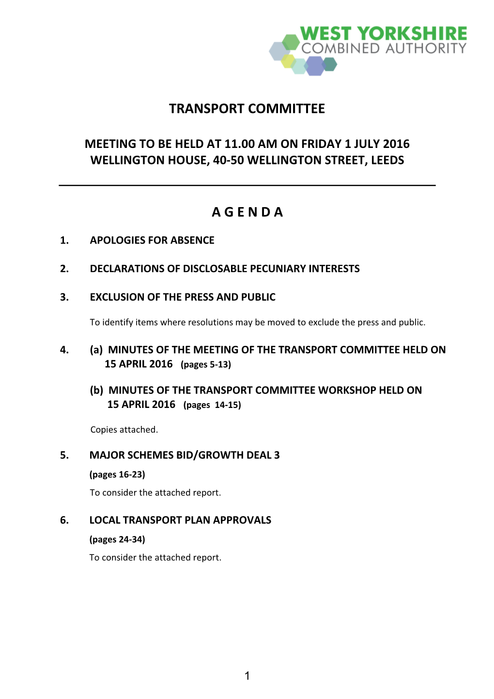 Transport Committee Agenda